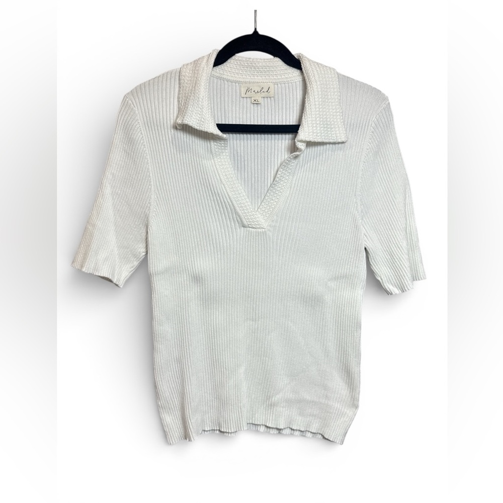 Marled Ribbed Knit‎ Polo Top XL White Short Sleeve Rayon Blend Stretchy